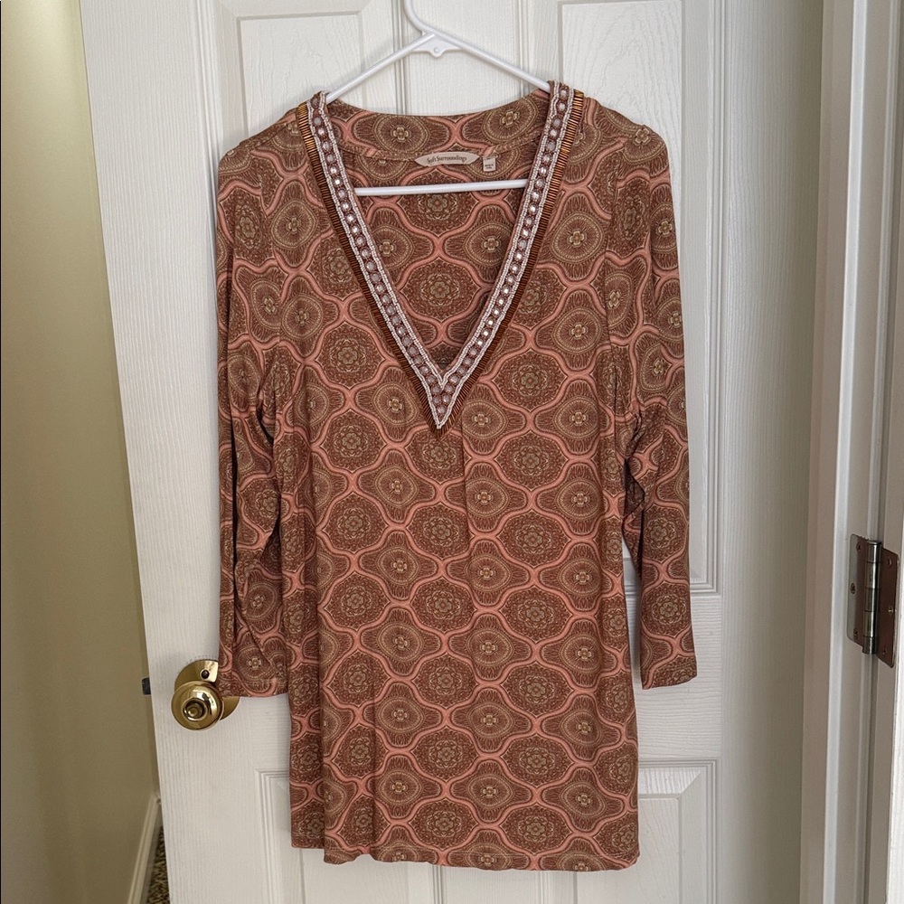 Soft Surroundings Women's V-Neck Printed Tunic Top - Rust Floral Pattern - Med